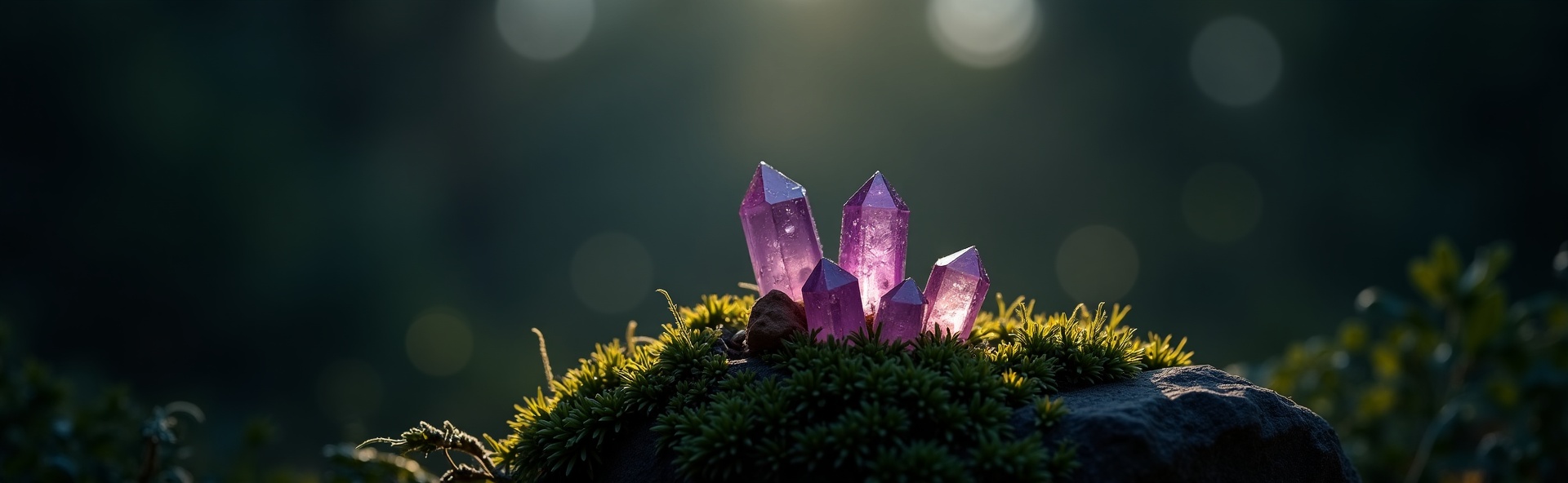 Kristallen op mos in maanlicht