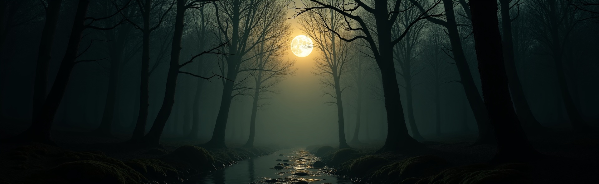 Volle maan boven mistig bos