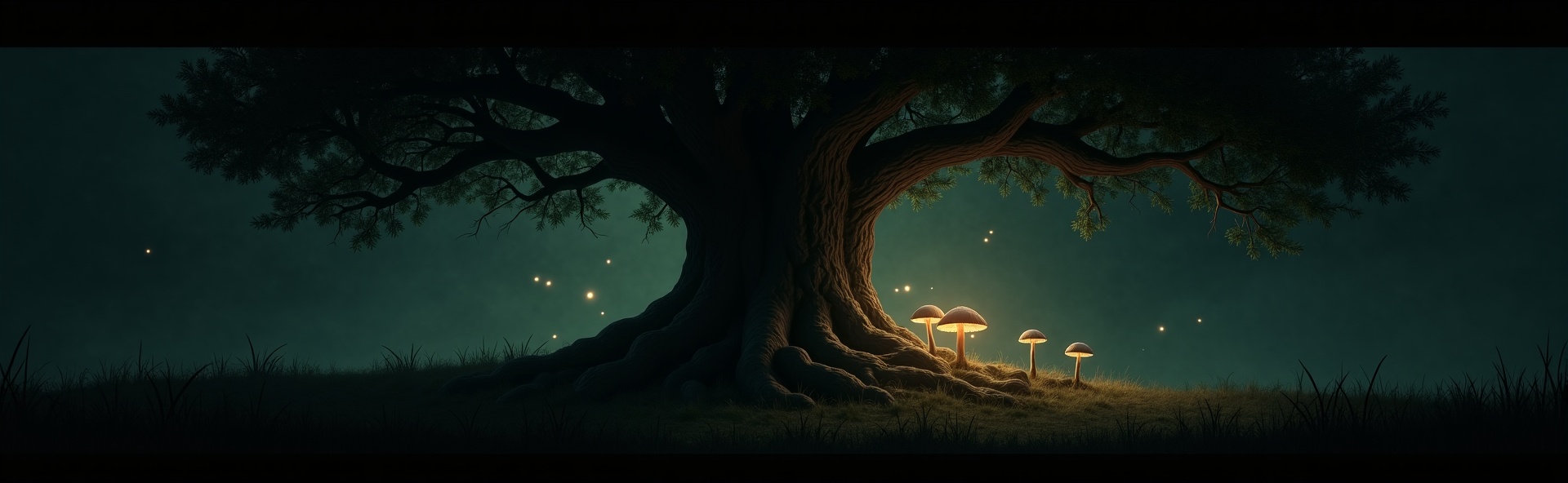 Oude eik met wortels en sterren