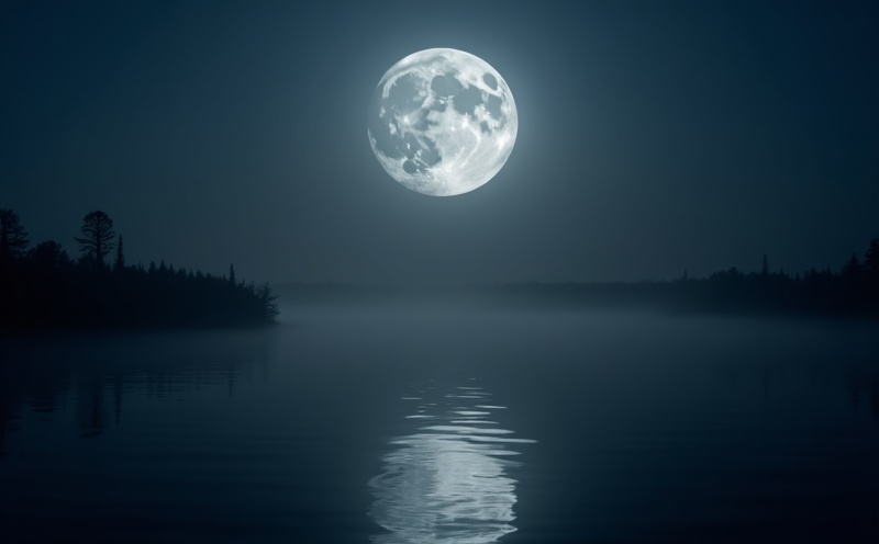 Volle maan weerspiegeld in stil water